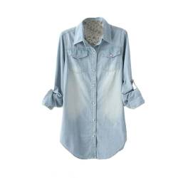 MIDJ Lockeres Damenhemd,Lange Jeansblusen Für Damen Hemdärmel Lässige Knopfhemdjacke Hellblaue Tunika Mit Reverstasche Leichtes Jeans-Sweatshirt Für Mädchen XL von MIDJ