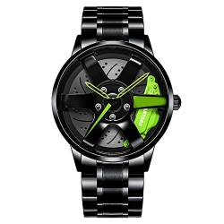 MIDYUID Herren Uhren Hohl Auto Rad Felgen Nabe Uhr Wasserdicht Sport Uhr Armbanduhren für Herren Geschenke (Green-01) von MIDYUID