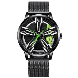 MIDYUID Herrenuhren Auto Felge Nabe Uhr Hohl Stereoskopische Rad Mode Sport Quarzuhr für Männer Geschenke Armbanduhren (Green-02) von MIDYUID