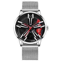 MIDYUID Herrenuhren Auto Felge Nabe Uhr Hohl Stereoskopische Rad Mode Sport Quarzuhr für Männer Geschenke Armbanduhren (Red-06) von MIDYUID