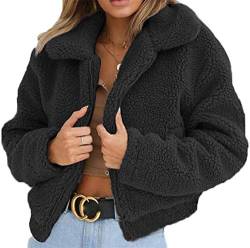 MIEAHORY Damen Casual Fuzzy Sherpa Mäntel Warm Flauschige Jacke mit Fleece Gefüttert Crop Top Reißverschluss Faux Jacke Outwear Gr. Medium, Schwarz von MIEAHORY
