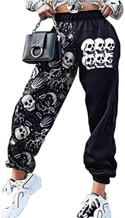 MIEAHORY Damen-Jogginghose, lockerer Druck, elastische Taille, Farbblock-Loungehose mit Taschen Gr. L, Schwarzer Totenkopf von MIEAHORY
