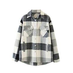 MIEAHORY Damen Plaid Shirt Jacke Revers Damen Langarm Plaid hemdjacke Mantel Outwear Jeansjacke mit Taschen (Grey, X-Small) von MIEAHORY