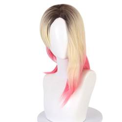 Anime Spinne Frau Cosplay Perücke Blass Gold Und Rosa Highlight Kurze Lockige Mittlere Trennung Perücke Halloween Kostüm Party Requisiten Zubehör von MIGUOO