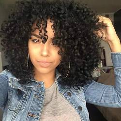 Lockige Perücken Für Schwarze Frauen Kurze Natürliche Schwarze Synthetische Afrikanisch Amerikanische Volle Kinky Lockige Afro Haar Perücke Mit Bangs von MIGUOO
