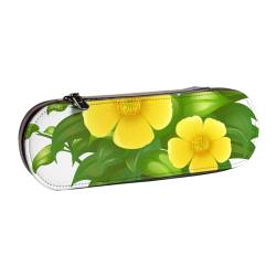 MIJKO Gelbe Blumen im grünen Busch, Federmäppchen, PU-Leder, Federmäppchen, großes Fassungsvermögen, Kosmetiktasche von MIJKO