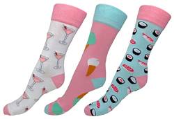 3 Paar Crazy Socks Verrückte Socken bunte Motiv, Witzige Strümpfe für Individualisten, Unisex Sushi-Eiscreme-Cocktail, 36-41 von MIJOMA