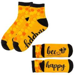 MIJOMA Stoppersocken mit Spruch-ABS-Sohle, Stoppsocken mit Anti-Rutschmotiv, Rennsocke, Baumwollmix, Griffigkeit & Komfort. (DE/NL/SE/PL, Alphanumerisch, Einheitsgröße, Regular, Regular, Bee Happy) von MIJOMA