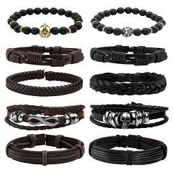 MILAKOO 10 Stück geflochtenes Lederarmband für Männer Frauen Lava Rock Perlen Armband mit Löwenkopf Dekor von MILAKOO