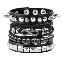 MILAKOO 4 Stk.gewebtes Lederarmband Holzperlenmanschette Herren Nieten Punk Wickelarmband Set，B11 von MILAKOO