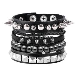 MILAKOO 4 Stk.gewebtes Lederarmband Holzperlenmanschette Herren Nieten Punk Wickelarmband Set，B16 von MILAKOO