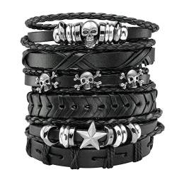 MILAKOO 6 Pcs schwarz geflochtenes Lederarmband für Männer Frauen mit Schädel Armband einstellbar von MILAKOO