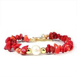 MILAKOO Rote Achat Splitterarmband mit echten Perlen Natur edelstein Armband Damen Kristall armreif von MILAKOO