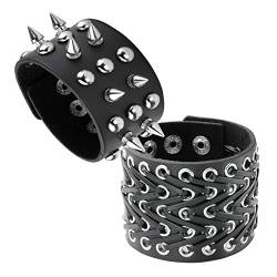 MILAKOO Unisex Black Metal Spike Nietenbesetzter Punk Rock Biker Breiter Riemen Lederarmband Kette Armband Einstellbar von MILAKOO