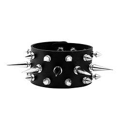 MILAKOO schwarzes Lebderarmband Punk Rock Nieten Armband breiter Leder Armreif Manschette verstellbar von MILAKOO