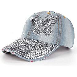 Baseballmütze Damen Mädchen Denim Blumen Diamant Baseball Cap Damen Mütze Jeans Kappe Basecap mit Glitzer von MILAX