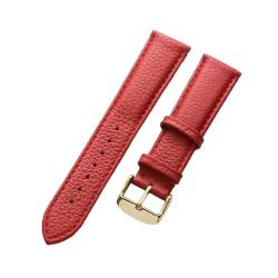 MILNBJK Jeniko Echtes Lederarmband Damen Weiches Leder Lychee Grain Rindsleder Uhrenarmband Herren Wasserdicht 14 16 18 Mm Uhrenkettenzubehör (Color : Red gold buckle, Size : 18mm) von MILNBJK