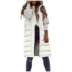 MILONT Damen Lange Wintermantel Weste Mit Kapuze Ärmellose Warme Daunenmäntel Mit Taschen Steppweste Daunenjacke Outdoorjacke Gehäkelte Sweater Cardigan Frauen, weiß, 46 von MILONT