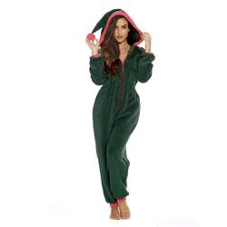 Damen Onesie Jumpsuit Weihnachten Jumpsuits Ganzkörperanzug Einteiler One Piece Schlafanzug Overall Damen Jumpsuit Kuschelig und warme Fleece Pyjamas (Grün, L) von MINASAN