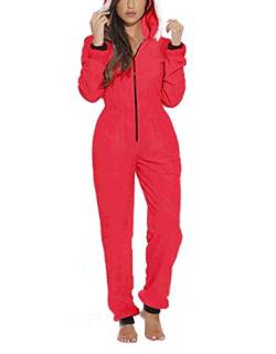 Damen Onesie Jumpsuit Weihnachten Jumpsuits Ganzkörperanzug Einteiler One Piece Schlafanzug Overall Damen Jumpsuit Kuschelig und warme Fleece Pyjamas (rot, 2XL) von MINASAN