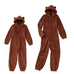 Einteiliger Overall Damen Kinder, Fleece Onesie Ganzkörper Kostüm, Schlafanzug Overall Teenager Damen, Fleece Bek Kinder Kinder Jungen und Mädchen Damen (Braun, L) von MINASAN