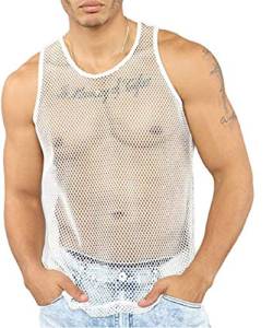 Herren Muskel Transparent Shirts ärmellos Netz Unterhemd T-Shirt Mit Engen Muskel Fit Unterhemd XL Blk Netz (Weiß, XL) von MINASAN