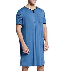 Herren-Nachthemd aus Baumwoll-Mischgewebe, kurzärmelig, V-Ausschnitt, bequem, weich, lockere Passform, Sommer-Nachtwäsche, Schlafshirt für Zuhause und Krankenhaus Gr. XXL, blau von MINASAN