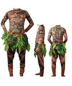 Maui Tattoo T-Shirt/Hose, Halloween, Erwachsene, Herren, Damen, Cosplay-Kostüm mit Blätterrock (Erwachsene, XL) von MINASAN