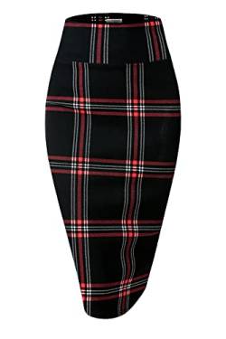 MINEFREE Damen-Bleistiftrock, hohe Taille, Nylon, Ponte-Stretch, Büro, kariert, Schwarzrot, Größe XXL, Schwarz/Red, XX-Large von MINEFREE