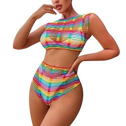 Damen Sexy Regenbogen Streifen Mesh Durchsichtig Bodysuit Bademode Bikini Cover Ups Badeanzug Rave Festivals Outfits, Bunt, 2 Stück, Einheitsgröße von MINGSEECESS