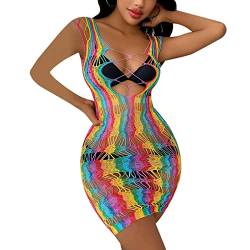 Damen Sexy Regenbogen Streifen Mesh See Through Body Bademode Bikini Cover Ups Badeanzug Rave Festivals Outfits, Mehrfarbig: hohl, Einheitsgröße von MINGSEECESS