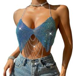 Frauen Sexy Glitzer Strass Neckholder Crop Tank Top Fischnetz Quaste Tops Rave Festival Outfits Clubwear, Blau, Einheitsgröße von MINGSEECESS