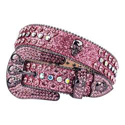 MINGSUN Strass Gürtel für Männer Frauen, Schädel Gürtel Western Leder Funkeln Glänzende Diamant Nieten Gürtel, Pink, 33-35W von MINGSUN