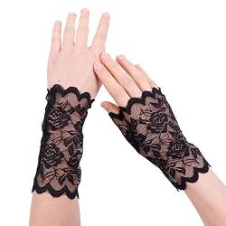 MINGZE Spitzen Handschuhe, Frauen Handgelenk Länge Halbe Fingerhandschuhe, Sexy Braut Hochzeit Blumenspitze Fingerlose Handschuhe UV Schutz Kostüm Handschuhe (Schwarz, Fingerlos) von MINGZE