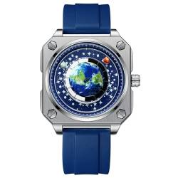 MINILUJIA 30 m wasserdichte Herren-Armbanduhr mit Weltkarte kreativ mit Erdkugel Mond Sonne drehbar auffällig coole einzigartige quadratische Zifferblatt Herrenuhren mit Geschenkbox Blaues FX83Y0001 von MINILUJIA