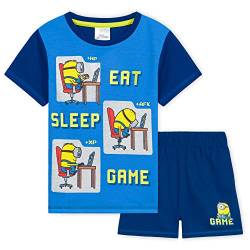 MINIONS Sommer Schlafanzug Jungen, Kurzes Pyjama Set mit T-Shirt & Schlafshorts (Blau, 3-4 Jahre) von MINIONS