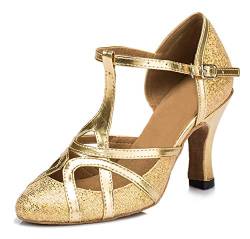 MINITOO Damen Glitzer Salsa Tango Ballsaal Latin Tanzschuhe t-Strap Geschlossen Zehen Dance Shoes High Heel Gold EU 37.5 von MINITOO