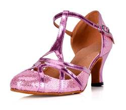 MINITOO Damen Glitzer Salsa Tango Ballsaal Latin Tanzschuhe t-Strap Geschlossen Zehen Dance Shoes Pink EU 39 von MINITOO