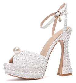 MINITOO Damen Plattform Hochzeits Schuhe mit Perlen Hoher Absatz Abend Prom Sandalen LH003 Weiß EU 38 von MINITOO