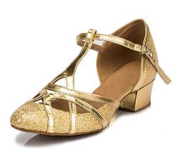 Minitoo qj6133 Damen Geschlossen Zehen High Heel PU Leder Glitzer Salsa Tango Ballsaal Latin t-strap Dance Schuhe, Gold Gold-3.5cm Chunky Heel 1/3,39 1/3 EU/6.5 UK von MINITOO