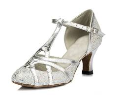 Minitoo qj6133 Damen Geschlossen Zehen High Heel PU Leder Glitzer Salsa Tango Ballsaal Latin t-strap Dance Schuhe, Silber Silver-6cm Heel,37 EU/4.5 UK von MINITOO