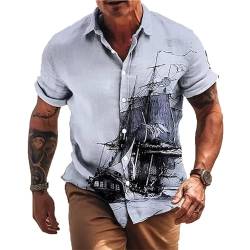 Herren Hemd Schiff Druck Kurzarm Hemden Mode Retro 3D Boot gedruckt T Shirt Sommer Regular Button Casual Beach Blouse Streetwear Top von MINNAQ