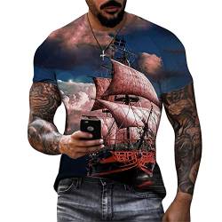 Herren Schiff 3D-gedrucktes T-Shirt Sommer Vintage Lässige Kurzarm-Pullover-Oberteile mit Rundhalsausschnitt von MINNAQ
