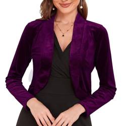 Damen Langarm Samt Shrug für Kleider Cocktail Party Open Front Cropped Bolero Cardigan Top, 35-Lila, S von MINTLIMIT