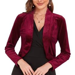 Damen Langarm Samt Shrug für Kleider Cocktail Party Open Front Cropped Bolero Cardigan Top, 35-Weinrot, 36 von MINTLIMIT