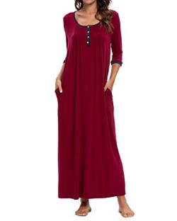 Damen Negligee Lang Nachthemd Sleepshirt 3/4 Ärmel Henley Rundhals Weinrot 50 von MINTLIMIT