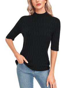 Damen Strickpullover Sommer Frühling Casual Mock Neck Kurze Ärmel Knitted Stretch Sweater Shirt von MINTLIMIT