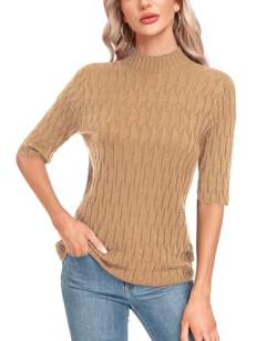 Damen Strickpullover Sommer Frühling Casual Mock Neck Kurze Ärmel Knitted Stretch Sweater Shirt von MINTLIMIT