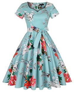 MINTLIMIT 1950er Vintage Kleid Retro Elegant Cocktailkleid Damen Blumen A Linien Runder Kragen Rockabilly Abendkleid, XXL, Kurzarm_b von MINTLIMIT