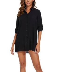 MINTLIMIT Bluse Damen Button Down Tunika Aufgerollt 3/4 Ärmel Hemd Einfarbig Hemdbluse Sommer (Schwarz M) von MINTLIMIT